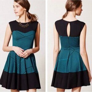 Anthropologie Eva Franco Swing Dress Size 0 Black Teal Fit & Flare Geometric